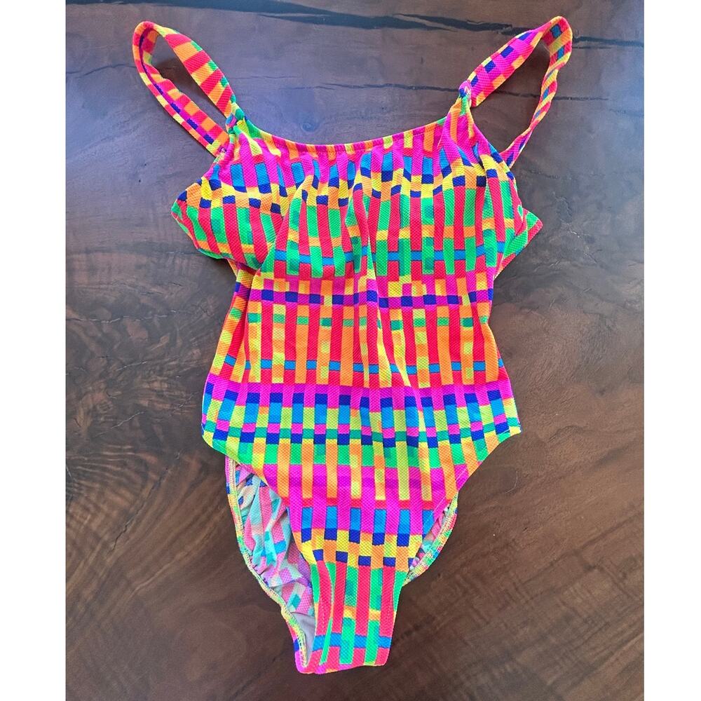 Vintage 90s Kathy Ireland Neon Checkered One Piece Swimsuit S/M